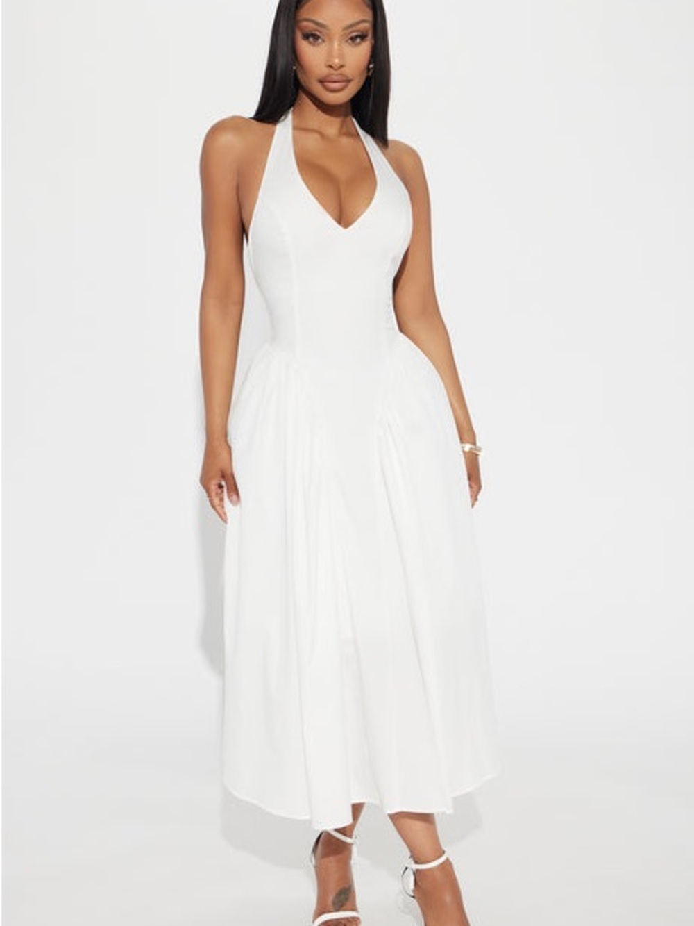 Fashion Nova White Halter V-Neck Midi Dress